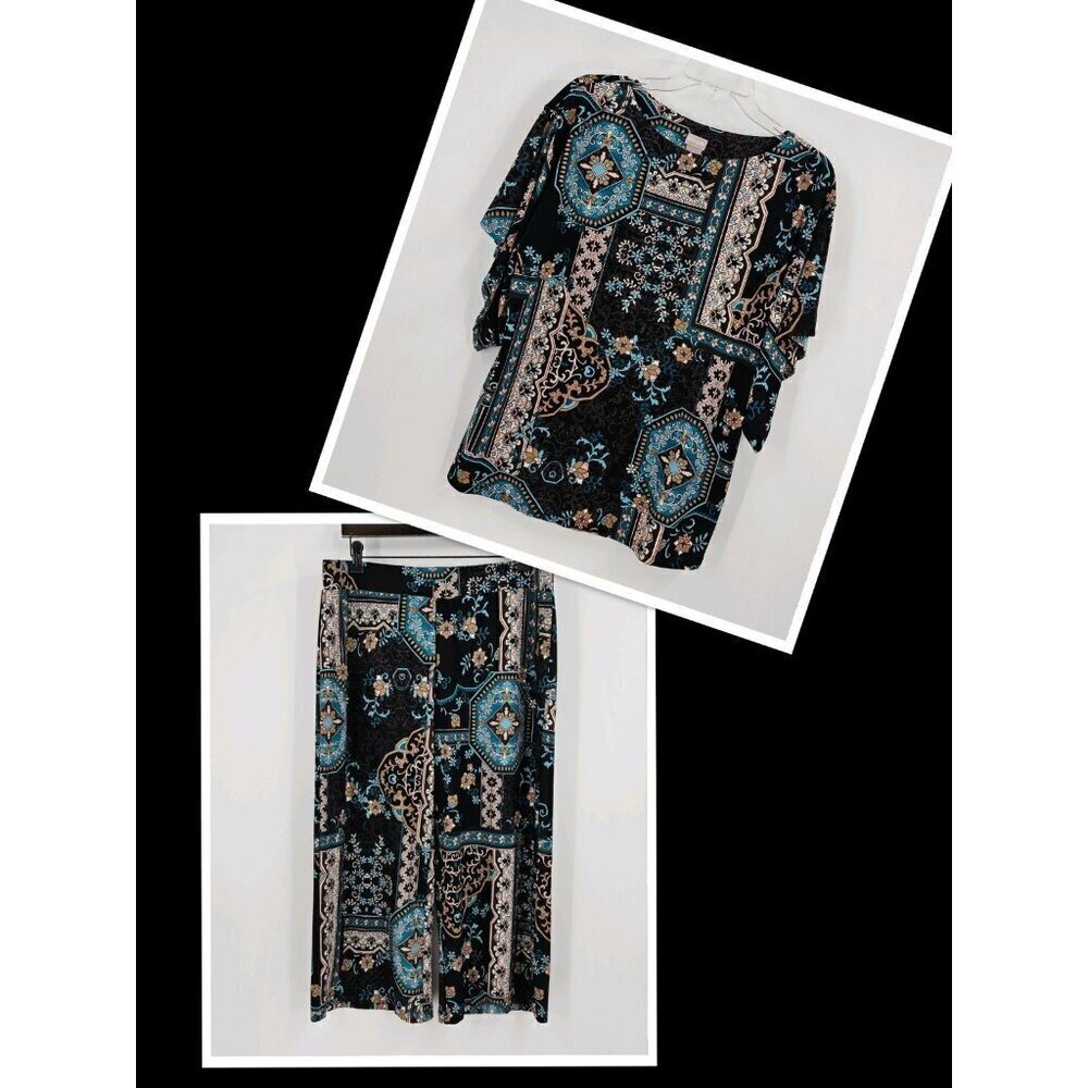 Chicos Womens Sz 2 (L) 2-Piece Multicolor Medallion Flutter Sleeve Top w/Capri